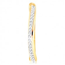 Złoty 14K pierścionek - błyszczący falujący pas z bezbarwnych cyrkonii i białego złota