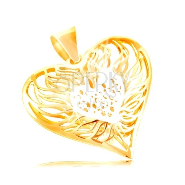 Złota zawieszka 585 - duże dwukolorowe serce, środek z białego złota, wokół płomienie