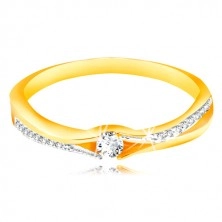 Złoty 14K pierścionek, rozdzielone ramiona z żółtego i białego złota, bezbarwne cyrkonie