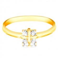 Złoty 14K pierścionek - lśniące zaokrąglone ramiona, cztery przezroczyste cyrkonie, krzyż w środku