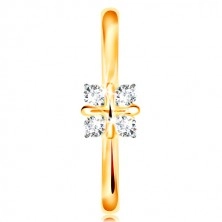 Złoty 14K pierścionek - lśniące zaokrąglone ramiona, cztery przezroczyste cyrkonie, krzyż w środku