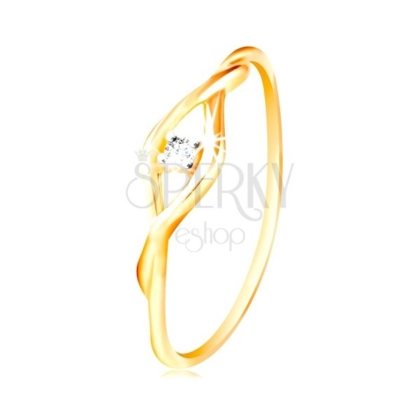 Złoty pierścionek 585 - bezbarwna okrągła cyrkonia pomiędzy cienkimi falami