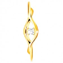 Złoty pierścionek 585 - bezbarwna okrągła cyrkonia pomiędzy cienkimi falami