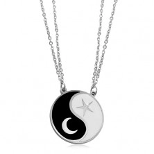 Stalowy naszyjnik, dwa łańcuszki, czarno-biały symbol Jin i Jang, księżyc i gwiazda