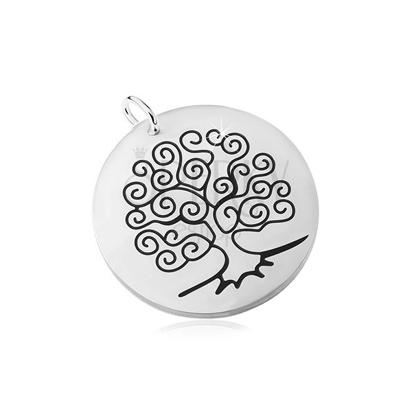 Stalowa zawieszka w kolorze srebrnym, matowy krąg z czarnym drzewem życia