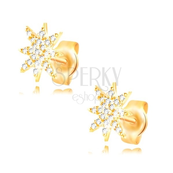 Kolczyki z żółtego 14K złota - błyszcząca gwiazda ozdobiona bezbarwnymi cyrkoniami
