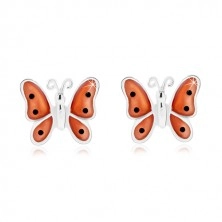 Srebrne 925 kolczyki, motyl z pomarańczowymi emaliowanymi skrzydłami