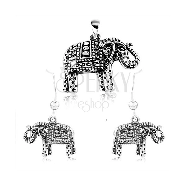 Srebrny 925 zestaw, kolczyki i zawieszka, grawerowany słoń z czarną patyną 