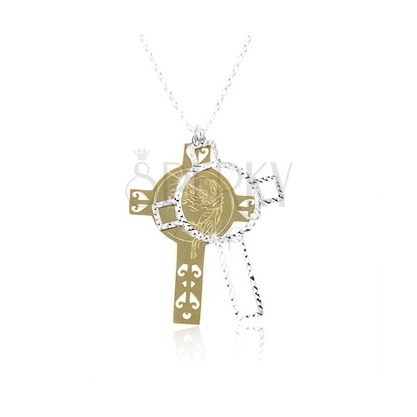 Srebrny 925 naszyjnik, rzeźbiony krzyż z Jezusem złotego i srebrnego koloru