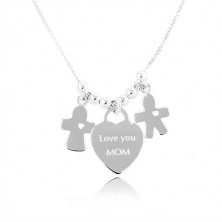 Srebrny naszyjnik 925, serce z napisem Love you MOM, chłopiec i dziewczynka