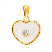 Zawieszka z żółtego 14K złota - serce z perłowym wypełnieniem i bezbarwną cyrkonią pośrodku