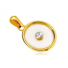 Zawieszka z żółtego 14K złota - okrąg z perłowym wypełnieniem i bezbarwną cyrkonią pośrodku