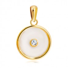 Zawieszka z żółtego 14K złota - okrąg z perłowym wypełnieniem i bezbarwną cyrkonią pośrodku