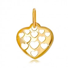 Złoty wisiorek 585 - lśniące serca ozdobione powycinanymi sercami