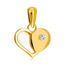 Złota 14K zawieszka - serce z połową z białej perły i okrągłą cyrkonią.