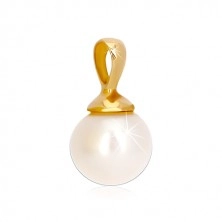 Zawieszka z żółtego 14K złota - lśniąca okrągła perła białego koloru