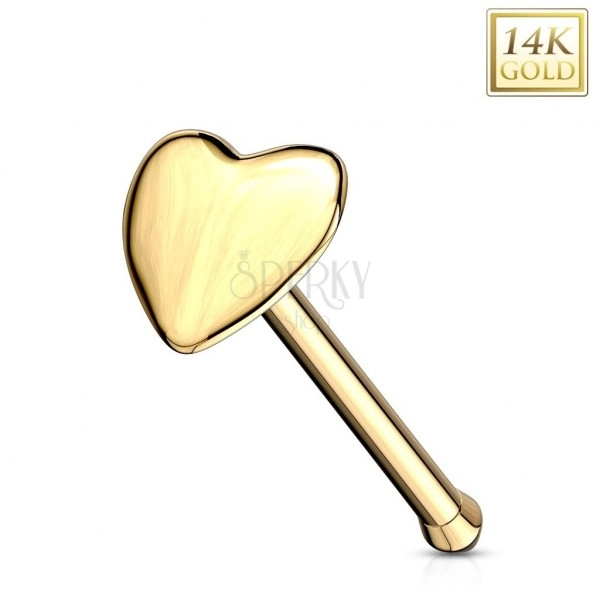 Piercing do nosa z żółtego 14K złota - prosty kształt, wypukłe serduszko