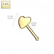 Piercing do nosa z żółtego 14K złota - prosty kształt, wypukłe serduszko