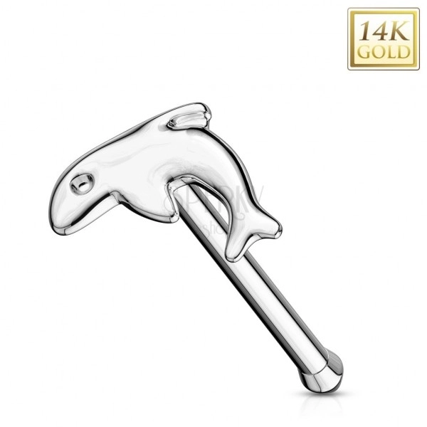 Prosty piercing do nosa z białego złota 585 - mały błyszczący delfin