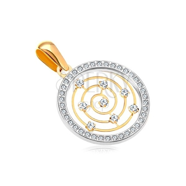 Złota 14K zawieszka - obręcz z białego złota i cyrkonii, cienka spirala w środku