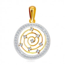 Złota 14K zawieszka - obręcz z białego złota i cyrkonii, cienka spirala w środku