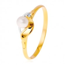 Diamentowy pierścionek z 14K złota, dwukolorowe fale, bezbarwny brylant i biała perła