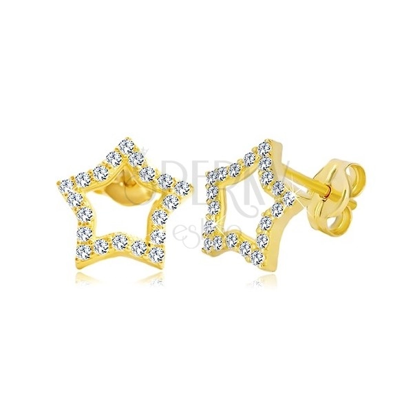 Kolczyki z żółtego złota  585 - kontur gwiazdy zdobiony bezbarwnymi cyrkoniami