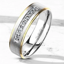 Dwukolorowy pierścień ze stali, srebrny i złoty odcień, przezroczyste cyrkonie, 6 mm