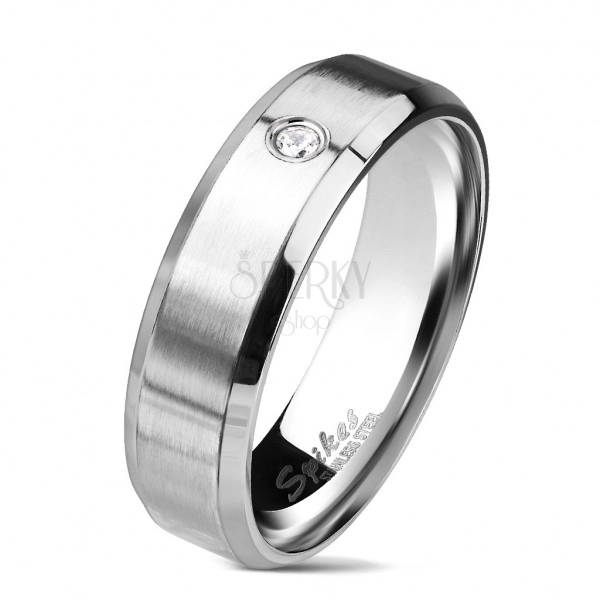 Stalowy pierścionek w srebrnym kolorze, matowy pas z przezroczystą cyrkonią, 6 mm