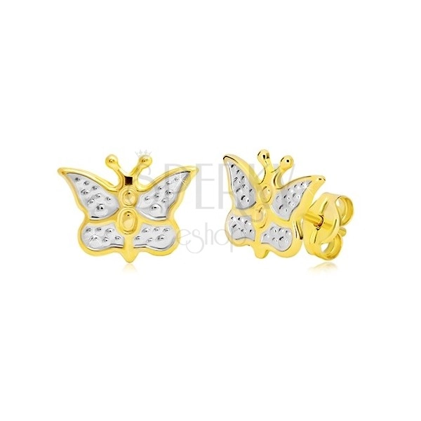 Złote kolczyki 585 - motyl zdobiony białym złotem i kropkami