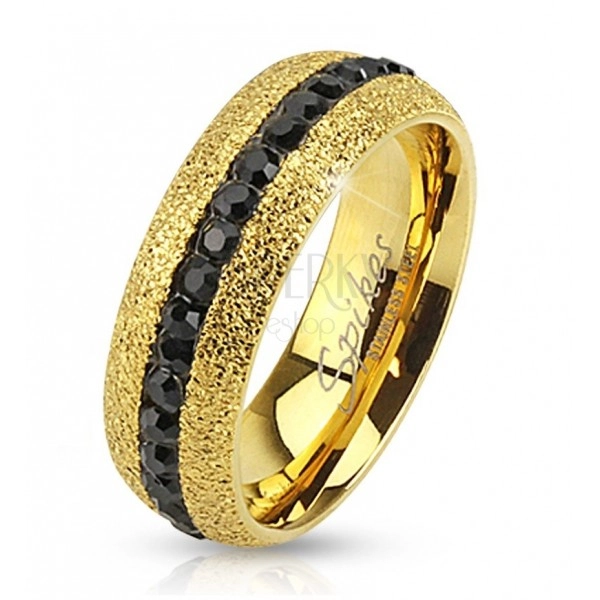 Stalowy pierścionek złotego koloru, błyszczący, z cyrkoniowym pasem, 6 mm