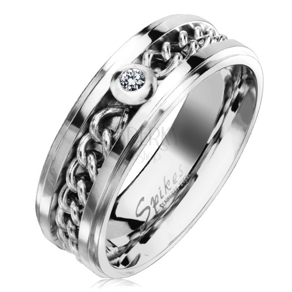 Stalowy pierścionek w srebrnym odcieniu z łańcuszkiem i przezroczystą cyrkonią, 7 mm