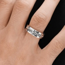 Stalowy pierścionek w srebrnym odcieniu z łańcuszkiem i przezroczystą cyrkonią, 7 mm