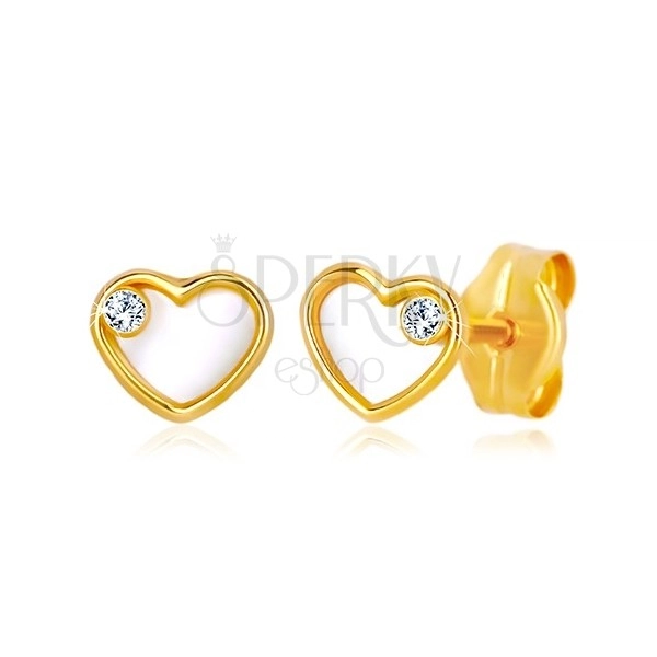 Kolczyki z żółtego złota 585 - serce z naturalną masą perłową i cyrkonią
