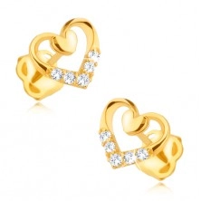 Diamentowe kolczyki w 14K złocie - zarys serca z mniejszym sercem i brylantami