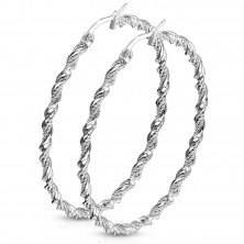 Stalowe kolczyki - spiralnie zakrzywiona wstążka i podwójny łańcuszek, kolor srebrny