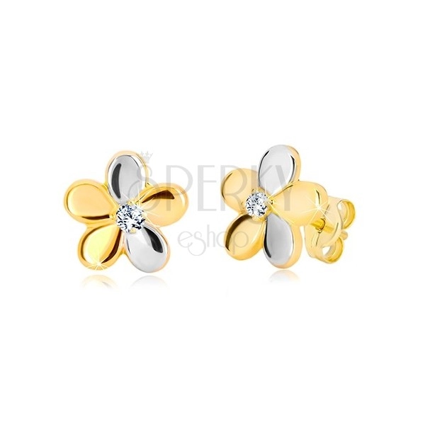 Kolczyki z kombinowanego złota 585 - lśniący dwukolorowy kwiat, cyrkonia