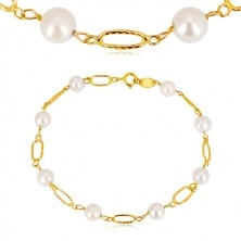Bransoletka z żółtego złota 585 - białe okrągłe perły, owalne oczka z nacięciami