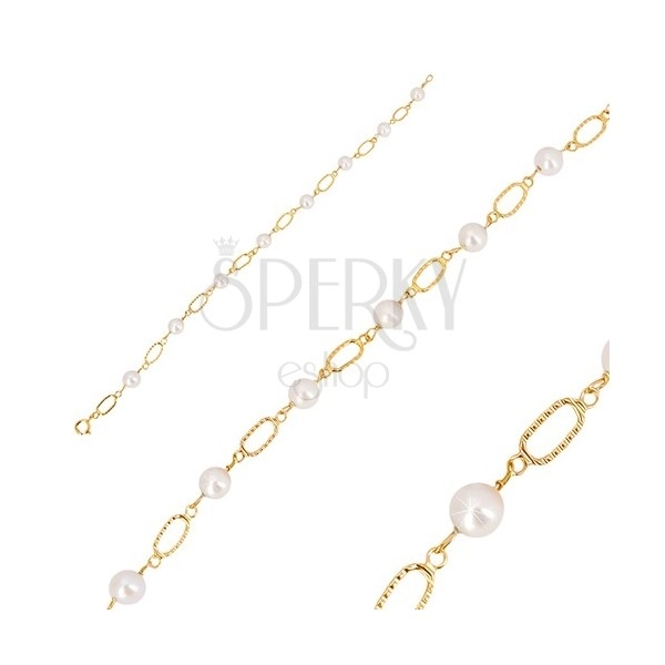 Bransoletka z żółtego złota 585 - białe okrągłe perły, owalne oczka z nacięciami