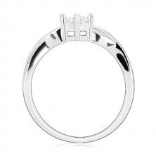 Zaręczonowy pierścionek ze srebra 925 - okrągła cyrkonia, faliste lśniące linie, cyrkonie