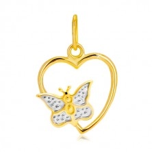 Zawieszka w kombinowanym 14K złocie - lśniący zarys serca, motyl