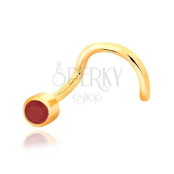 Piercing do nosa z żółtego 14K złota - zakrzywiony kształt, czerwony rubin w oprawce