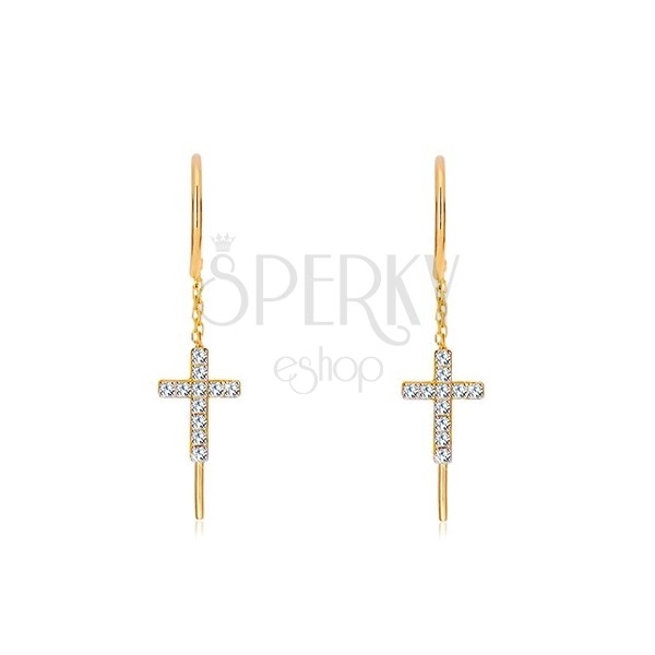 Kolczyki z żółtego złota 585 - krzyż łaciński wyłożony cyrkoniami, łuk, wąski pas