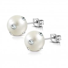 Stalowe kolczyki - biała syntetyczna perła, przezroczyste błyszczące cyrkonie, sztyfty
