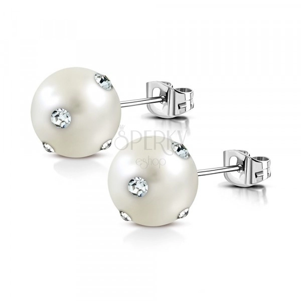 Stalowe kolczyki - biała syntetyczna perła, przezroczyste błyszczące cyrkonie, sztyfty