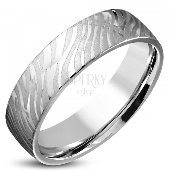 Błyszczący stalowy pierścionek srebrnego koloru - matowy motyw zebry, 6 mm