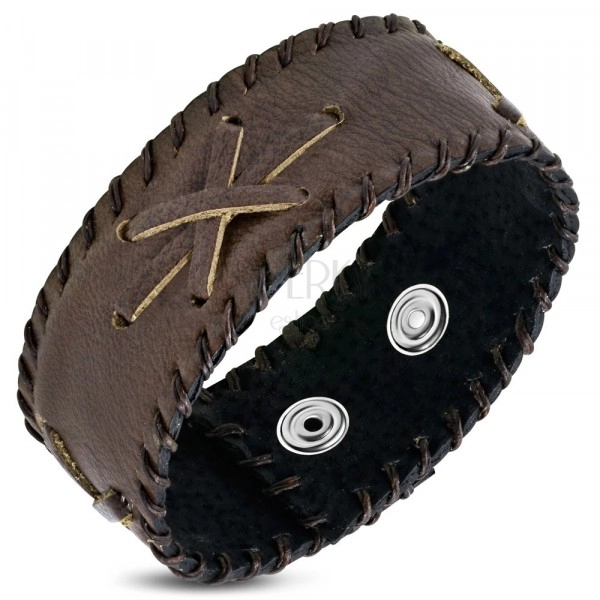 Skórzana bransoletka - ciemnobrązowy pas, cienkie skrzyżowane paski, sznurkowy brzeg