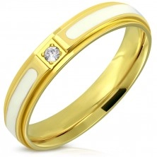 Stalowy pierścionek - błyszcząca powierzchnia o złotym kolorze, biała emalia i cyrkonia, 4 mm