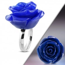 Stalowy pierścionek - błyszcząca obrączka, ciemnoniebieska żywiczna róża