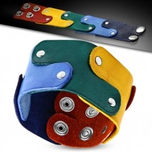 Skórzana bransoletka - kolorowe puzzle połączone nitami, motyw PRIDE